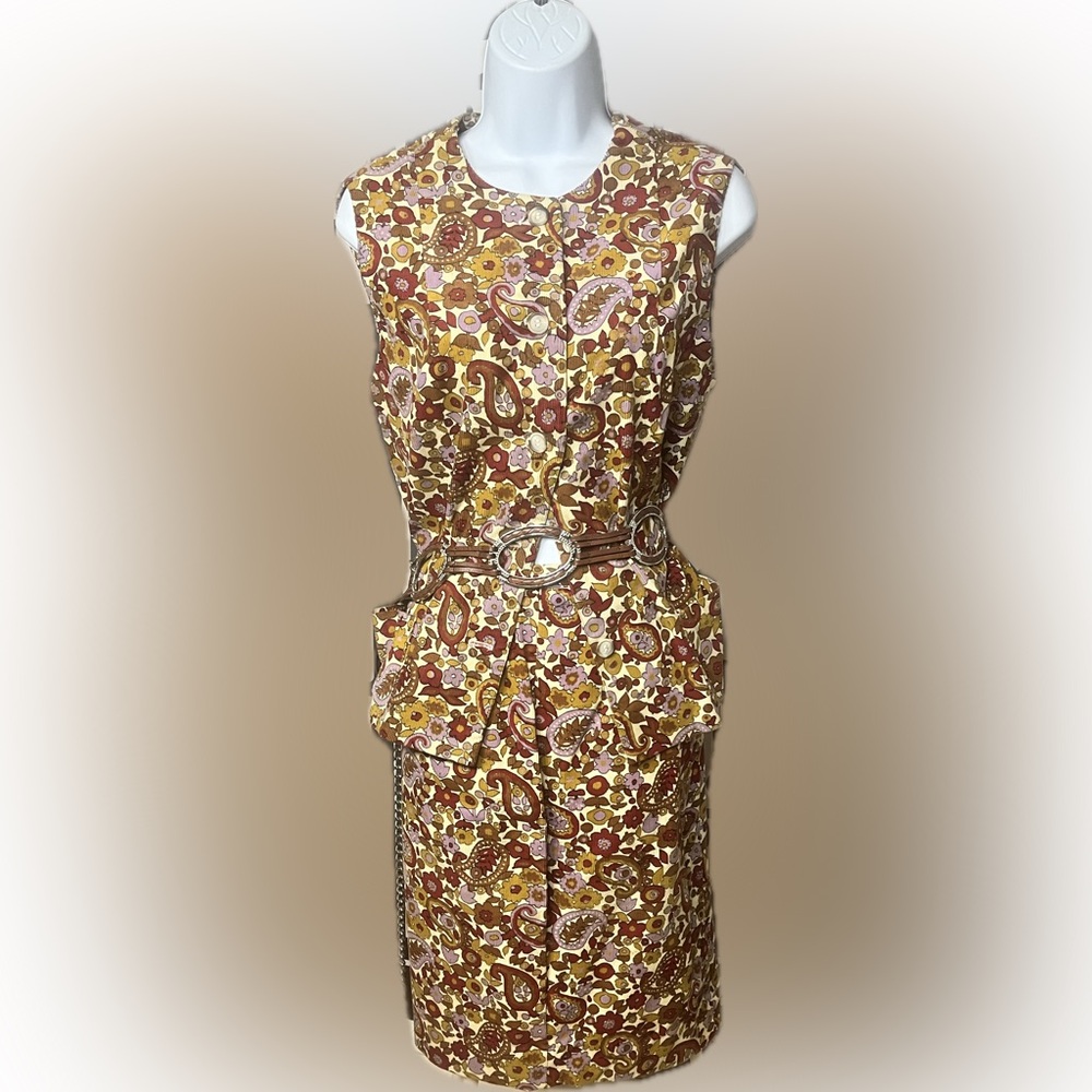 Vintage 1970s 2-Piece Corduroy Paisley Floral Vest and Skirt Coord set.